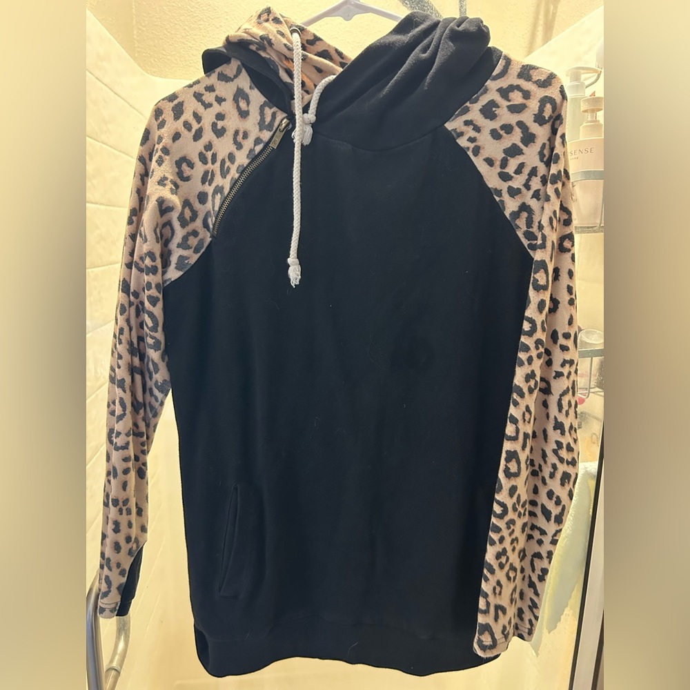 AMPERSAND AVE Black and Leopard Print Hoodie